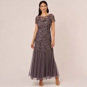 Adrianna Papell Hand Beaded Short Sleeve Floral Godet Gown In Moonscape Size 8